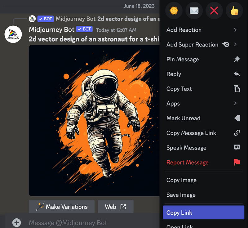 Copying the Midjourney image link