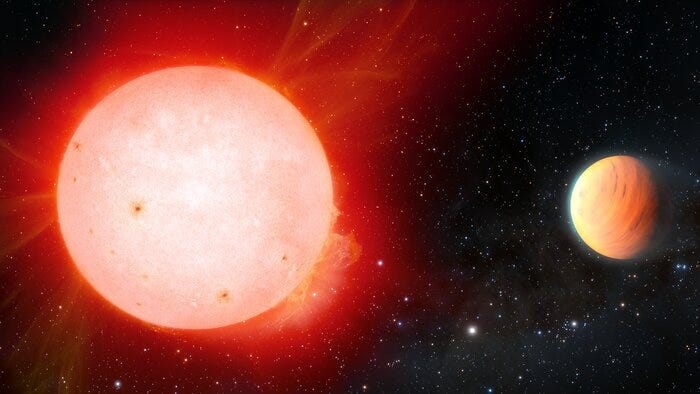 Illustration of the gas giant exoplanet TOI-3757 b orbiting a red dwarf star.