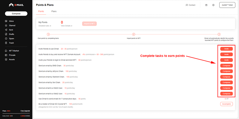 Completing tasks on Dmail for airdrop points