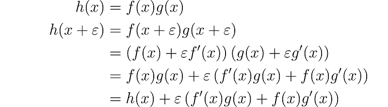 Product rule demonstrated with dual numbers.